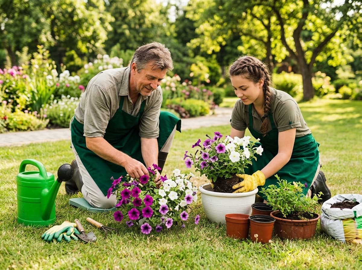 Two landscape gardeners planting flowering pots on green grass