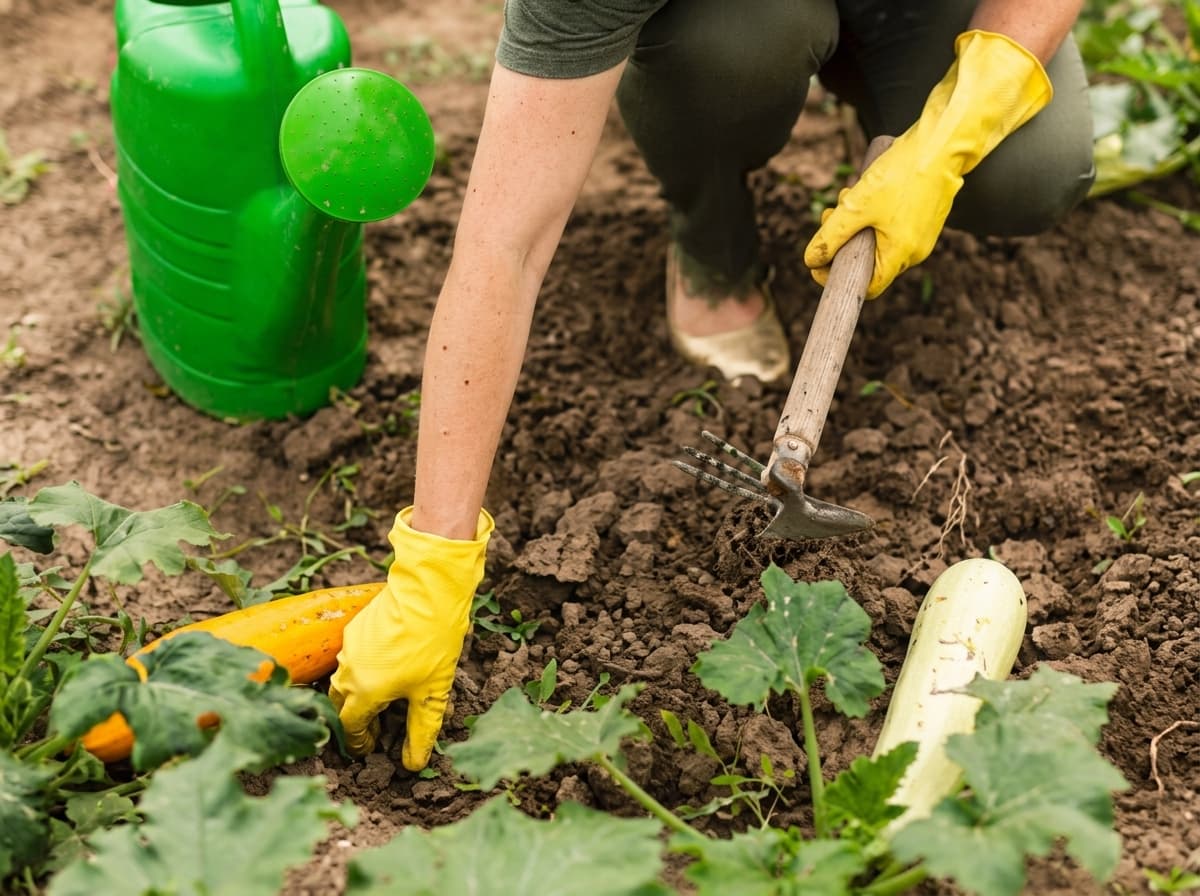 Gardener working soil with garden hand tool next to green watering can
