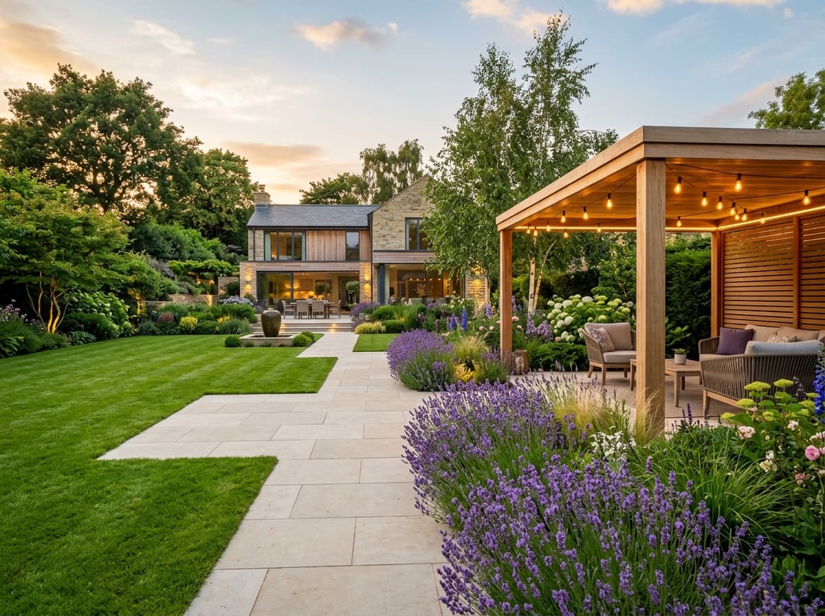 Luxury landscaped garden with lavender and stone pathway