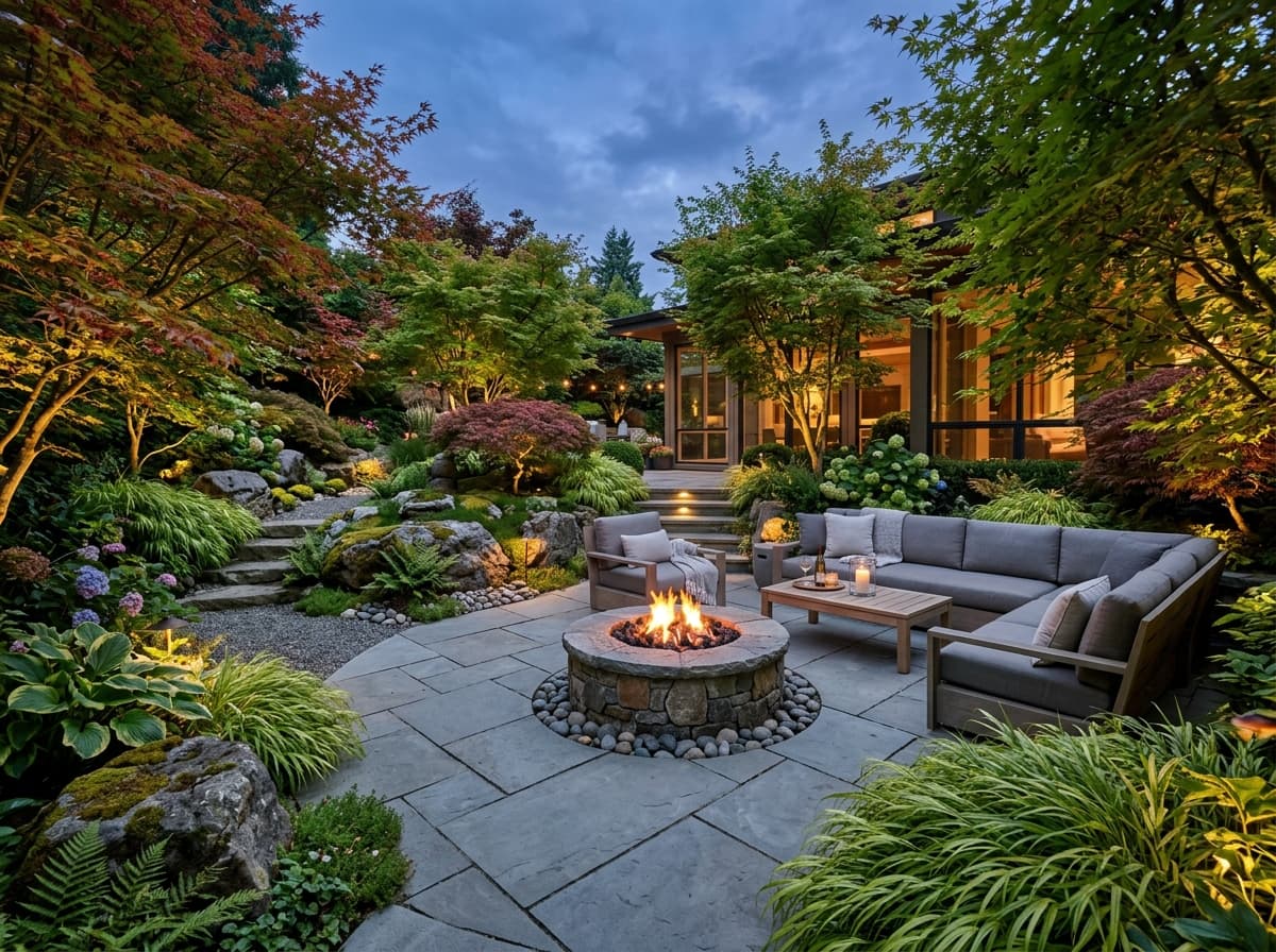 Modern garden patio with fire pit and comfortable seating