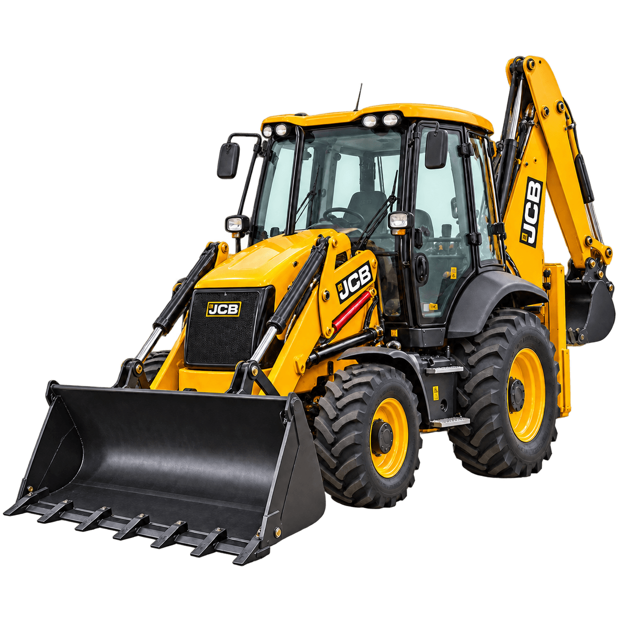 Yellow JCB backhoe loader ready for construction work