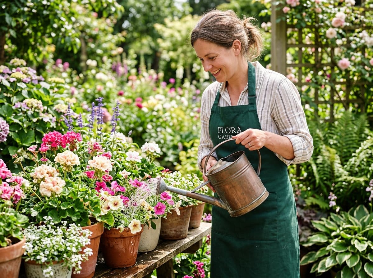 Gardener watering colourful potted flowers with a watering can