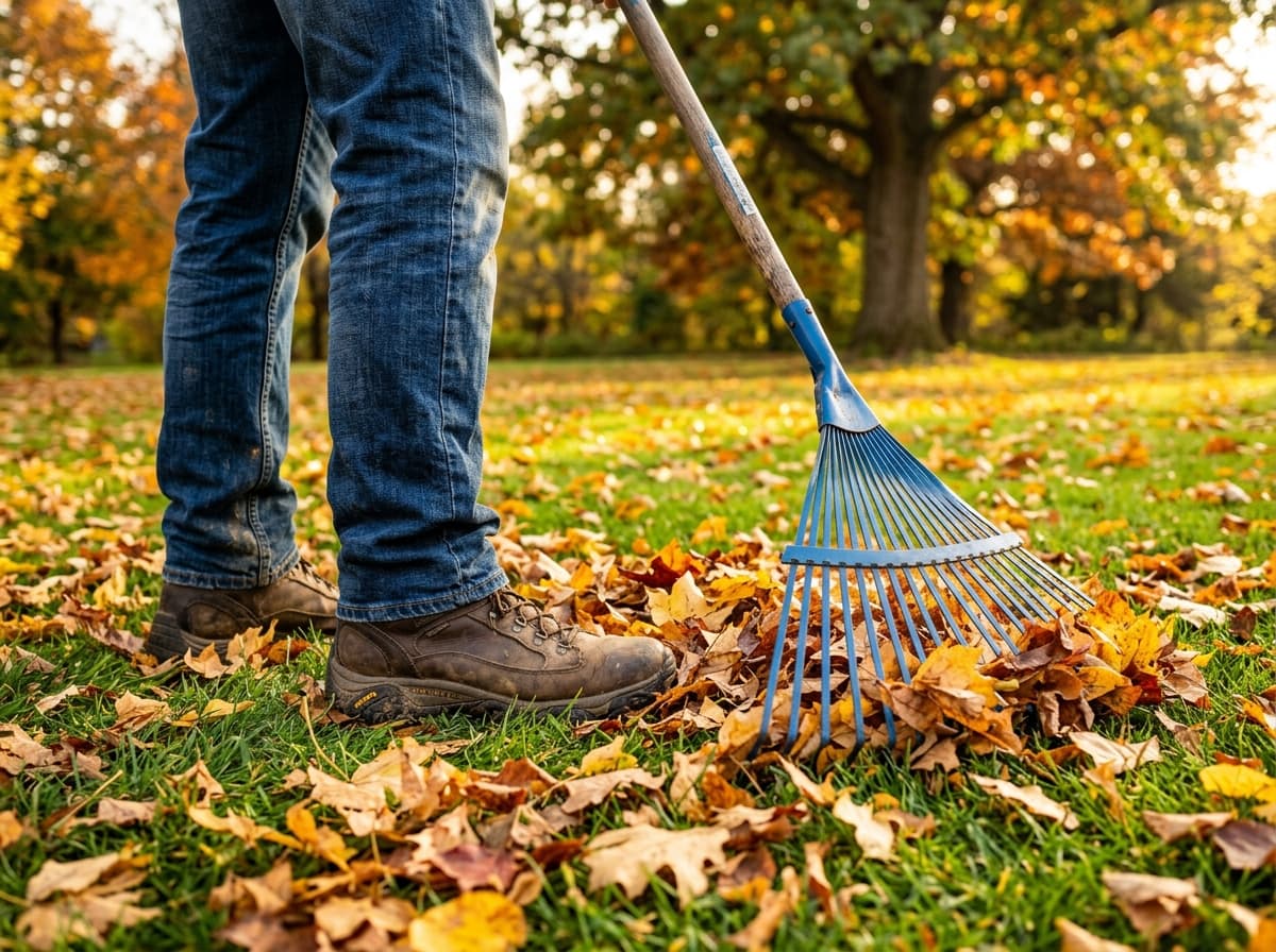 Raking dry autumn leaves on lawn with a blue leaf rake