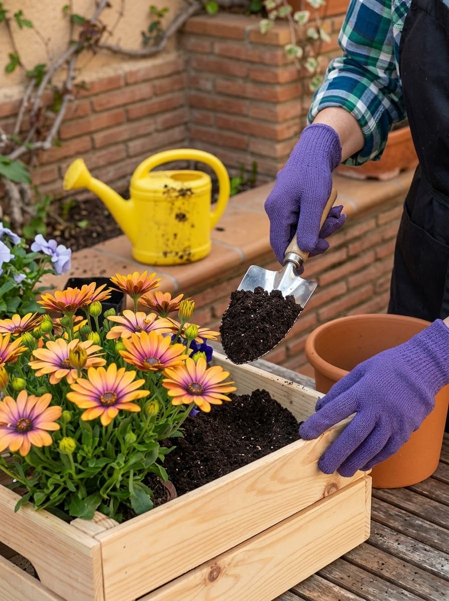 Gardener planting vibrant flowers during a landscape planning session